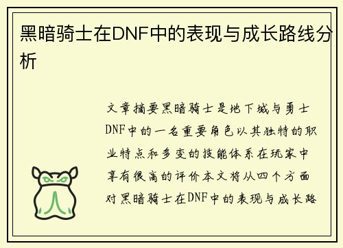 黑暗骑士在DNF中的表现与成长路线分析